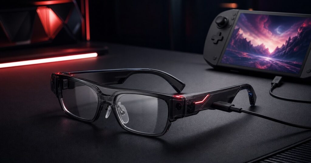 No-text editorial image of gaming AR glasses connected to a handheld console