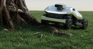 GOKO M6 robotic lawn mower near rough tree roots
