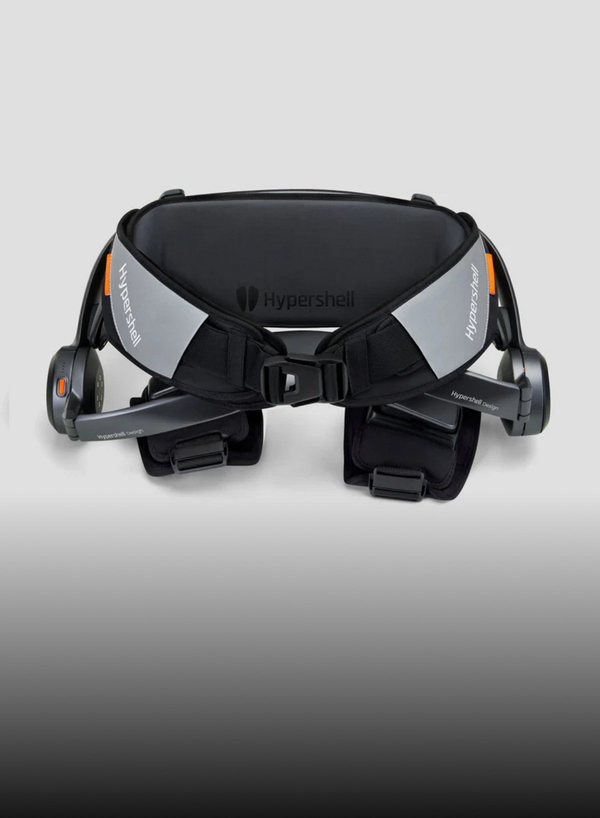 Folded Hypershell exoskeleton unit with hip belt and leg modules