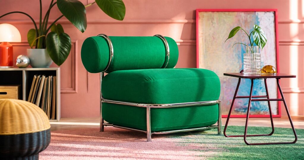 Bright green inflatable armchair in a colorful living room