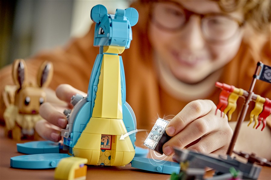 Brick-built blue Lapras-style Pokemon scene with SMART Play pieces