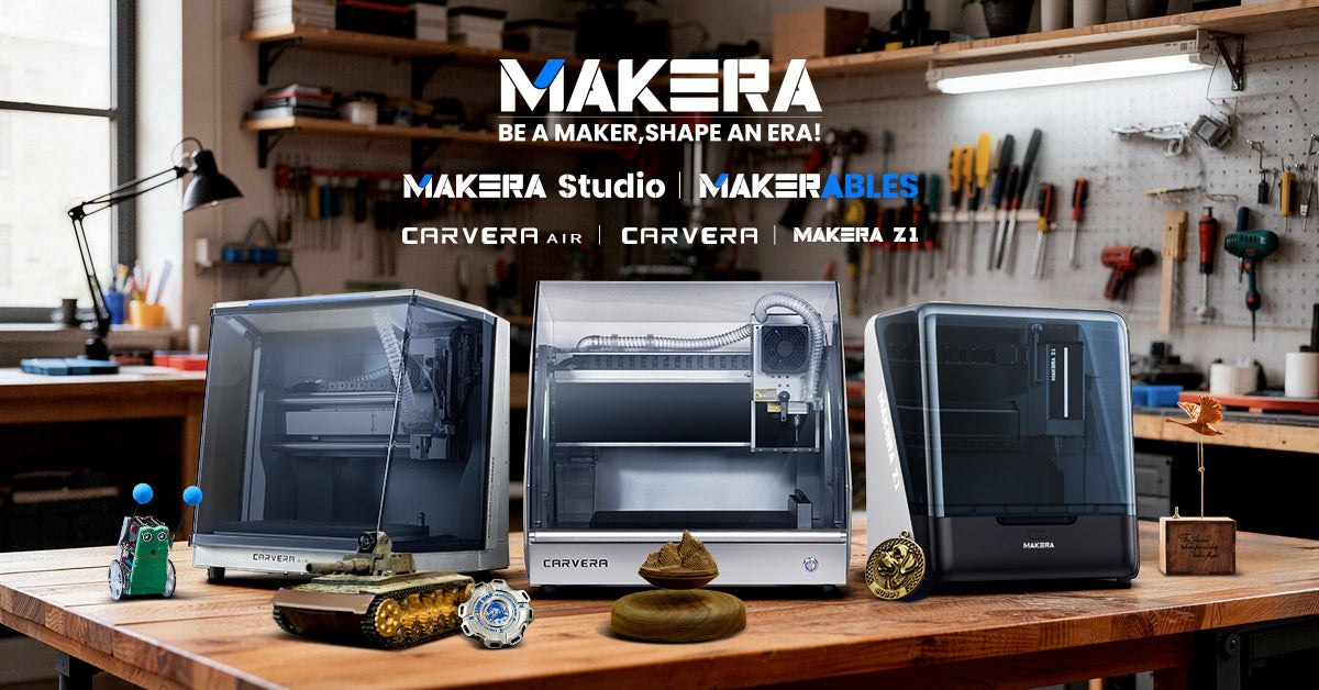 Makera CNC machines displayed on a workshop table