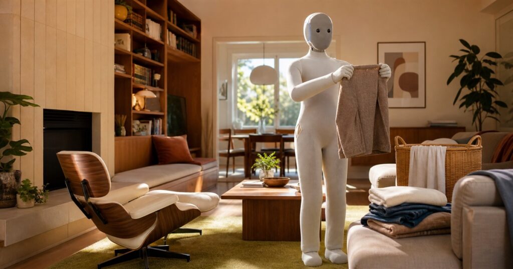 NEO humanoid home robot holding laundry in a modern living room