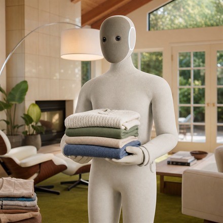 NEO humanoid home robot holding folded laundry