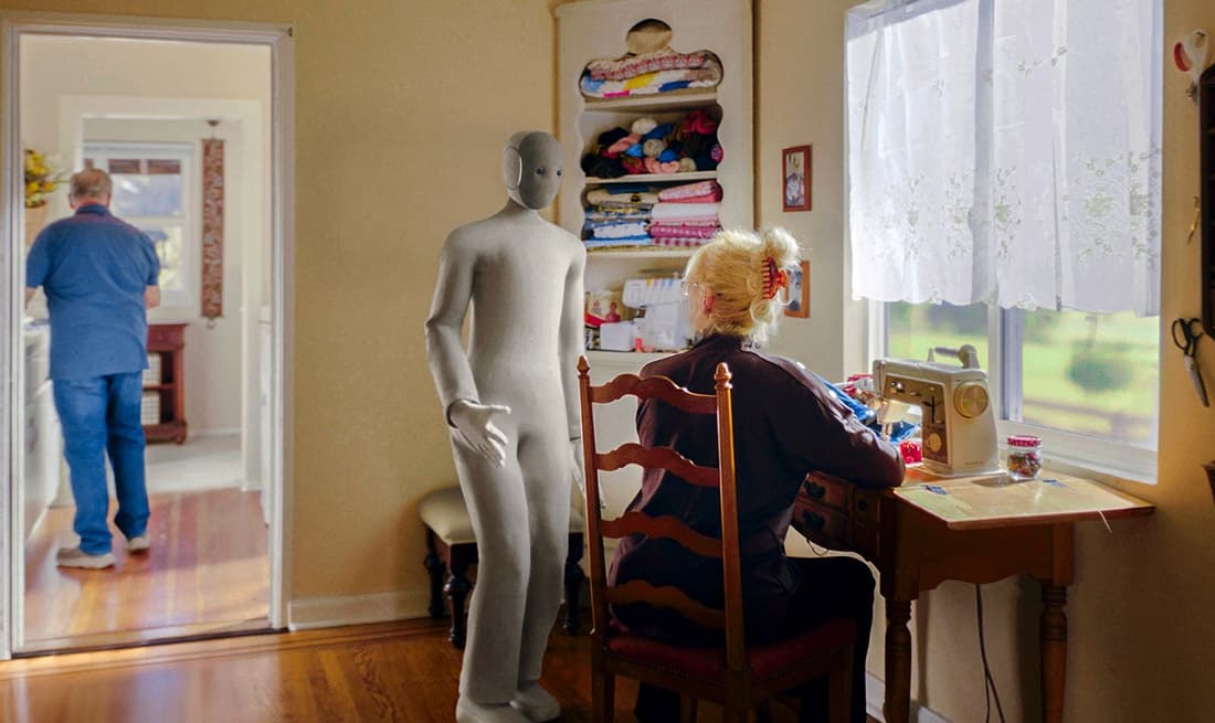 NEO humanoid home robot in a room with household supplies