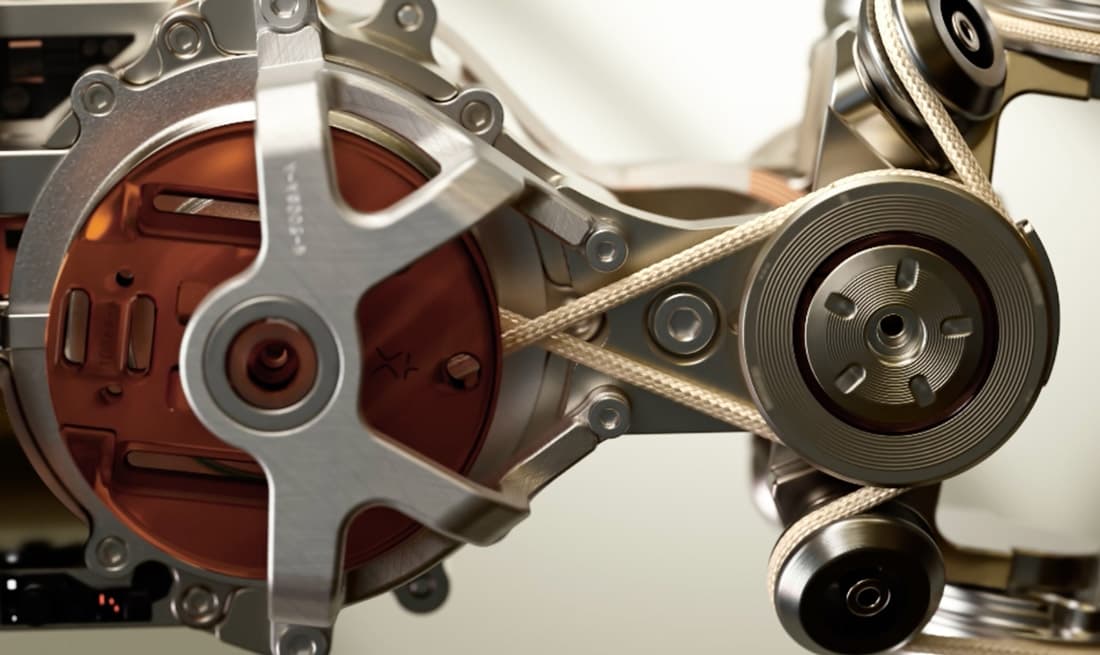 Closeup of NEO humanoid robot tendon drive hardware