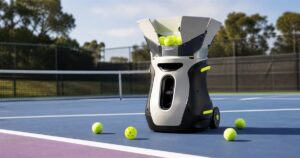 PongBot Aura AI multi-sport robot on a court with balls nearby