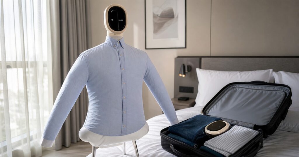 Aironox GO portable clothing care system on a shirt form in a travel room