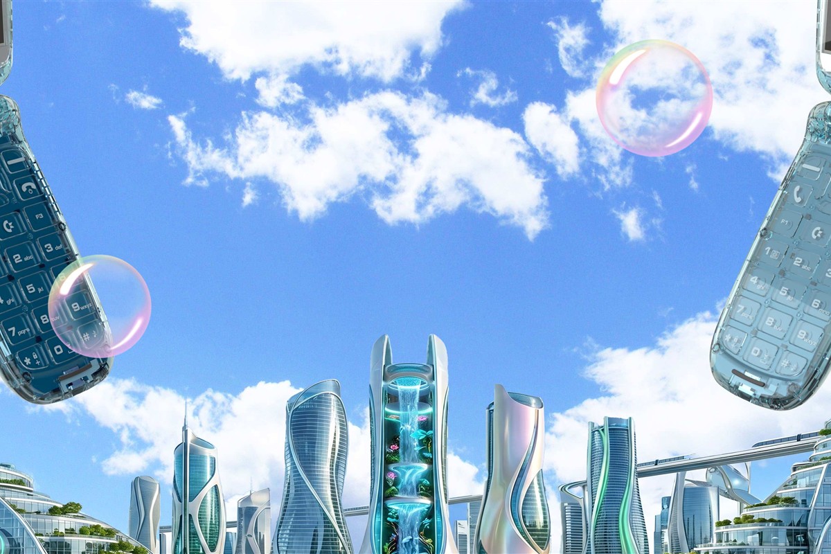 Colorful retro flip phone lineup in the sky