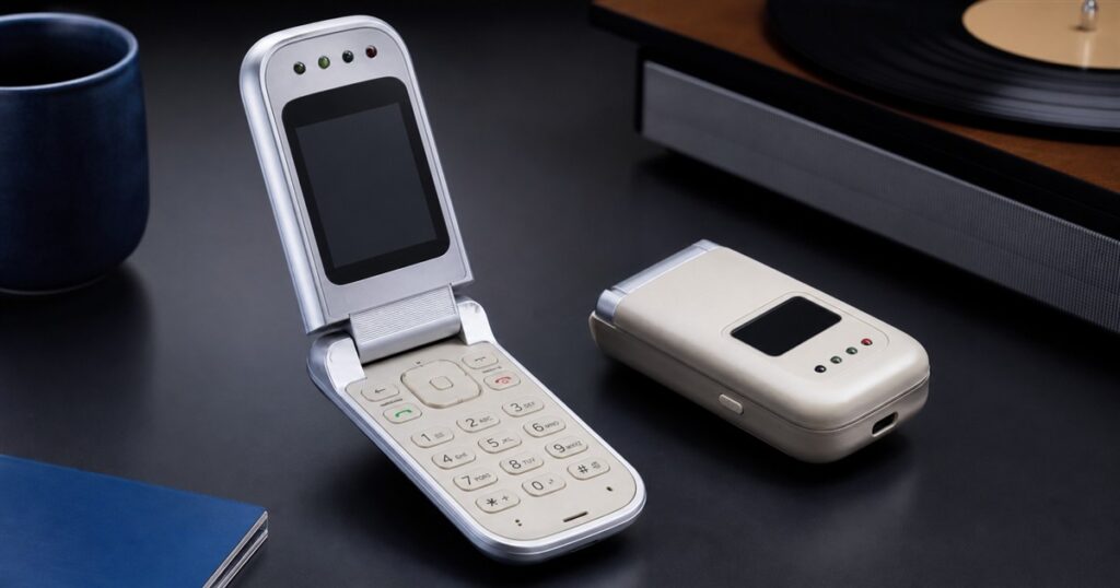 Retro flip phone on a dark tabletop with a physical keypad and small outer screen