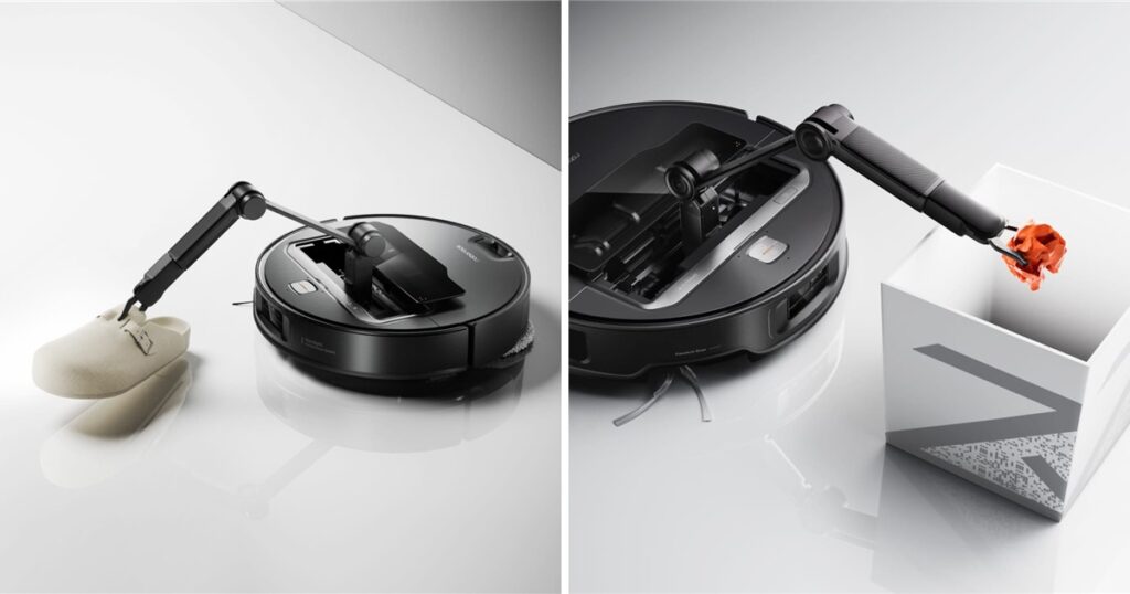 Roborock Saros Z70 robot vacuum with mechanical arm picking up household items