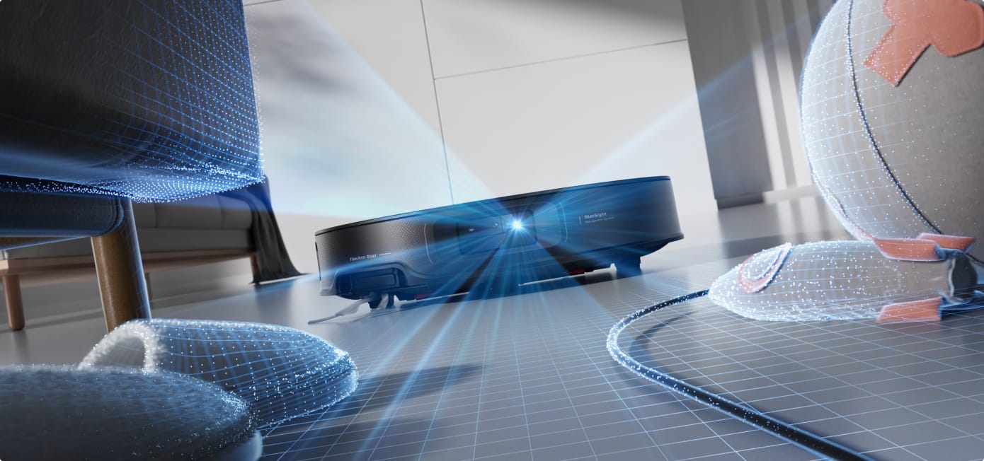 Roborock Saros Z70 navigating under furniture with obstacle detection