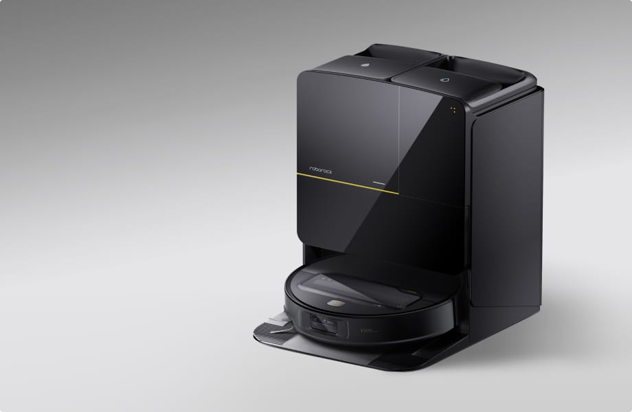 Roborock Saros Z70 dock and robot vacuum in black