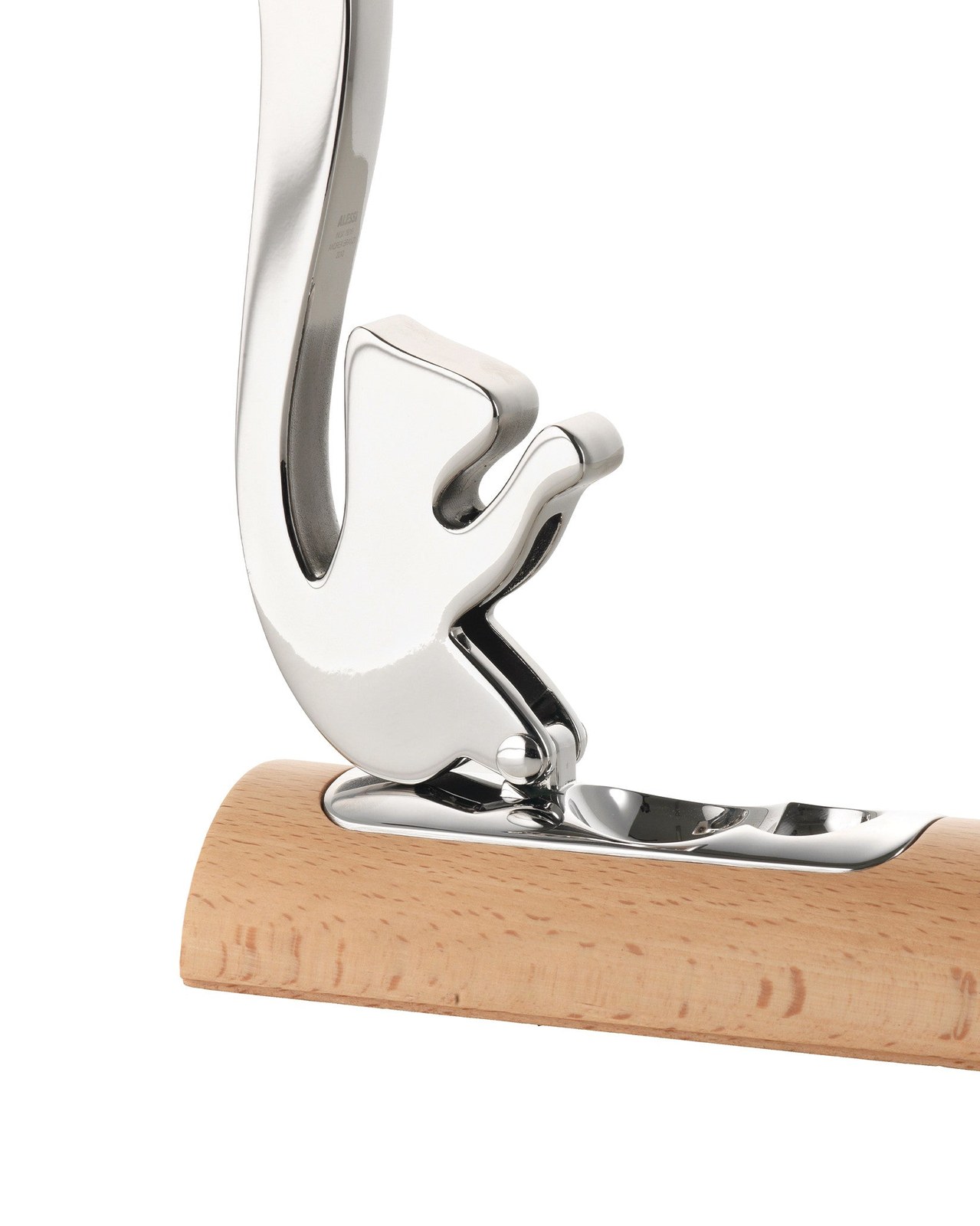 Side view of the Alessi Scoiattolo stainless steel and wood nutcracker