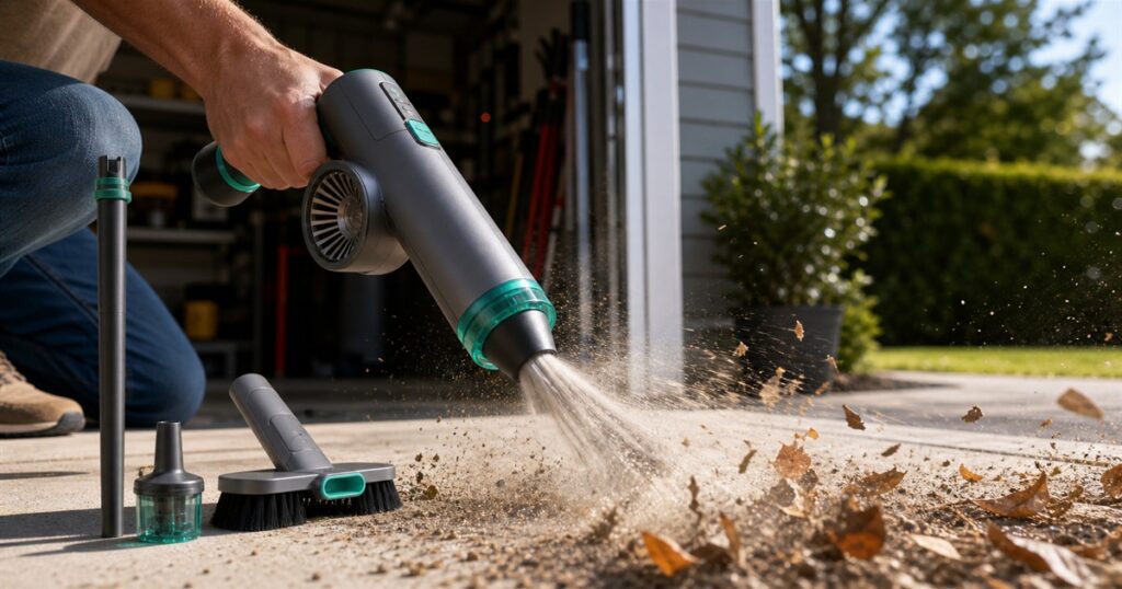 Generated hero image of a cordless air blaster clearing leaves and dust on a patio