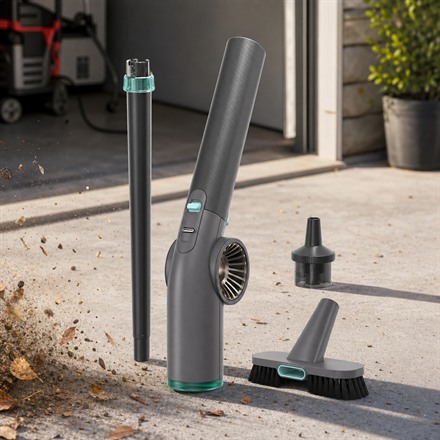 Generated square thumbnail of a cordless air blaster with attachments on a patio