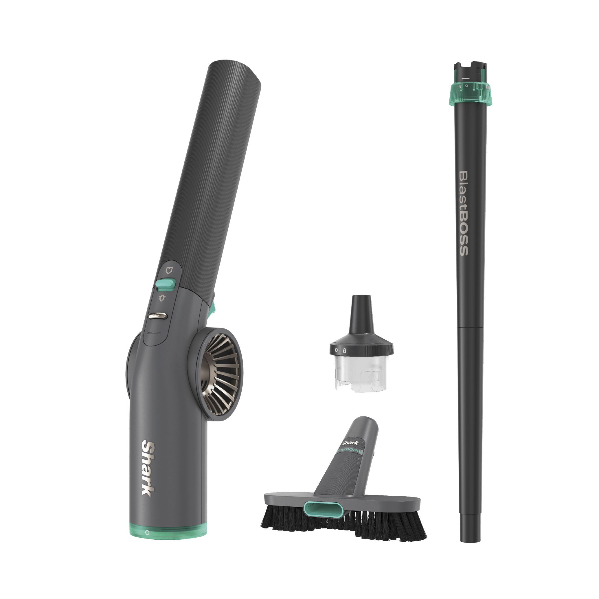 Shark BlastBoss cordless air blaster with nozzle, extension wand, and BlastBroom attachment