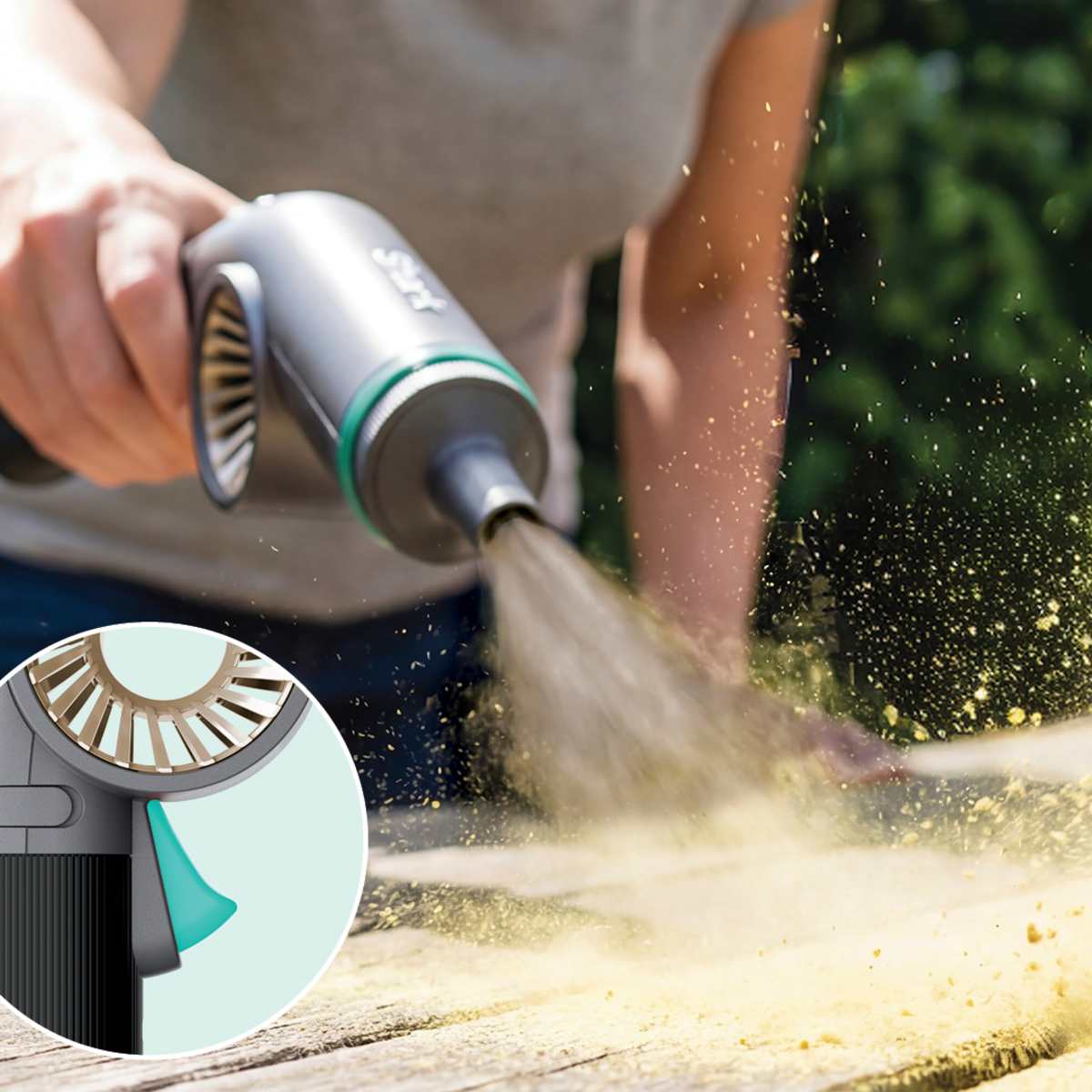 Shark BlastBoss clearing dust and debris with high-speed airflow