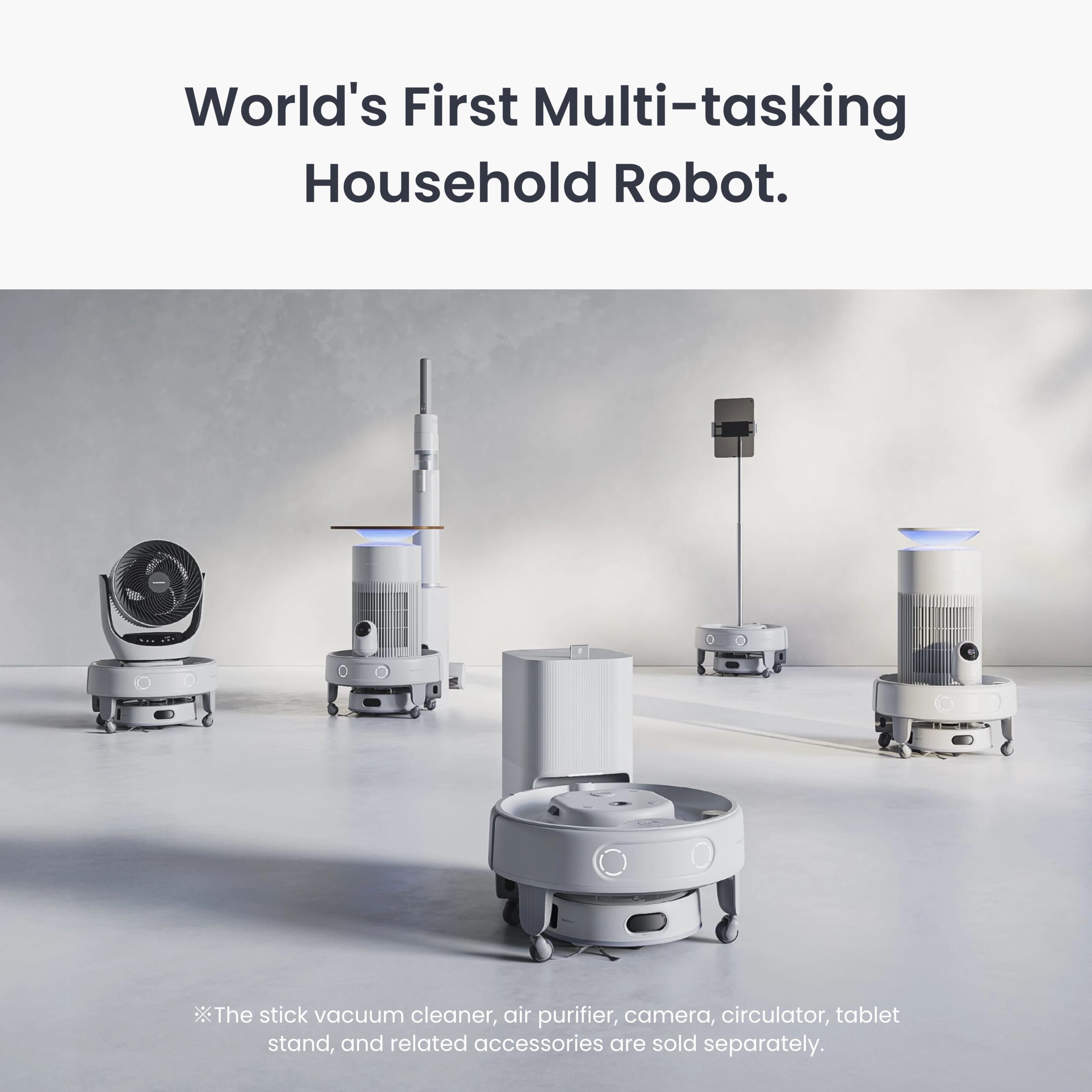 SwitchBot K20+ Pro shown with multiple household robot attachments