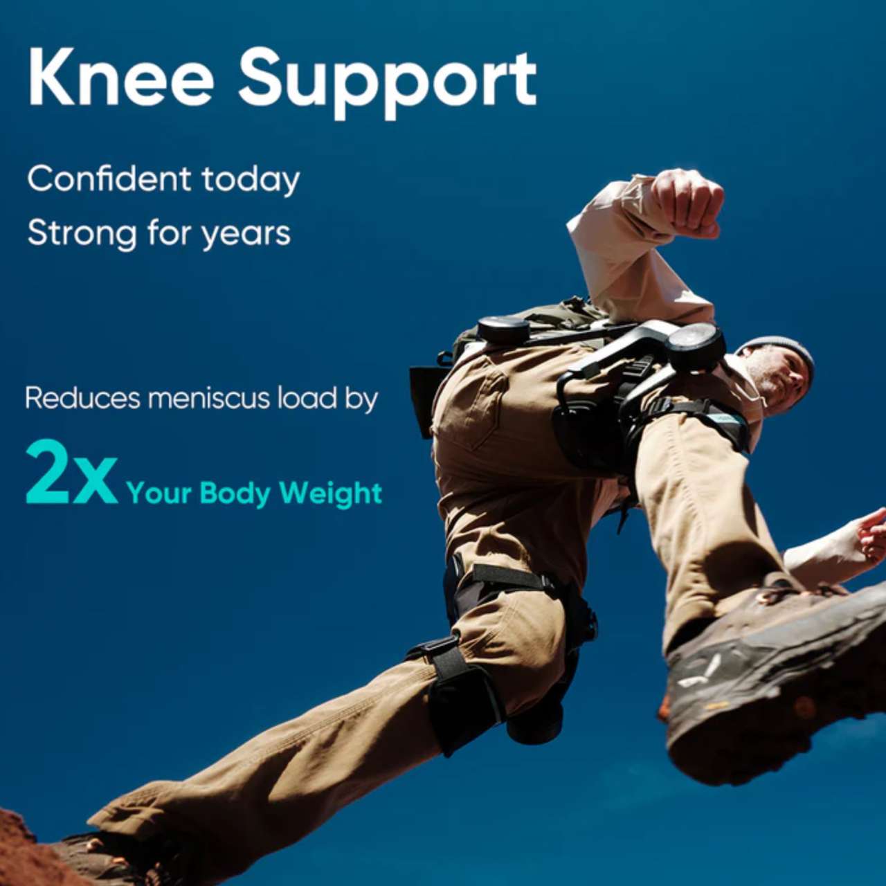 Vastnaut One exoskeleton shown from a low angle for knee support