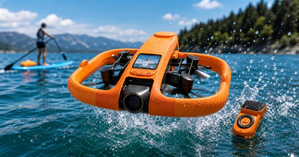 HOVERAir AQUA waterproof drone hovering above water