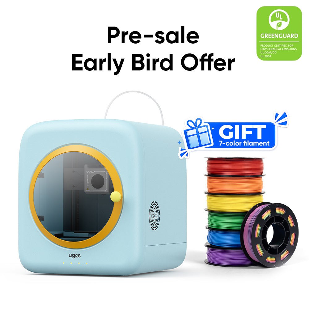 ugee Funbox Kids 3D Printer with colorful filament spools