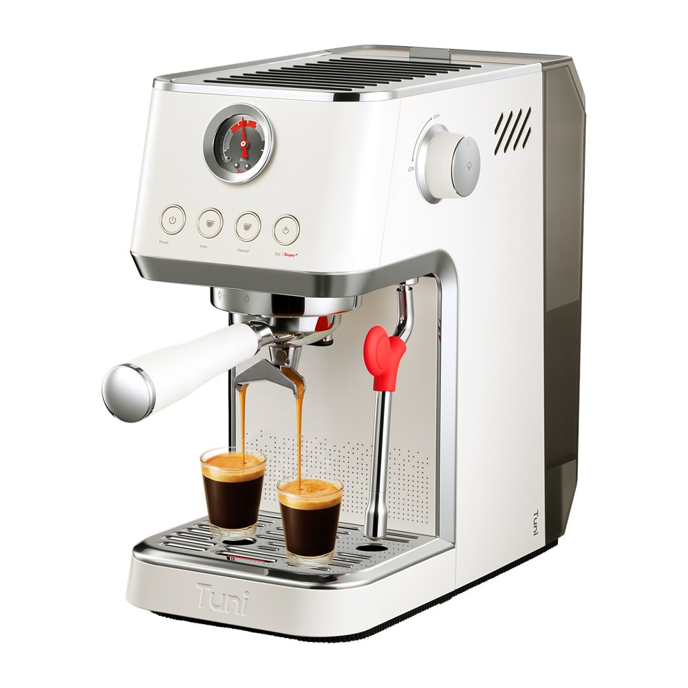 TUNI E2 Gen3 compact white espresso machine pulling two shots of espresso on a counter