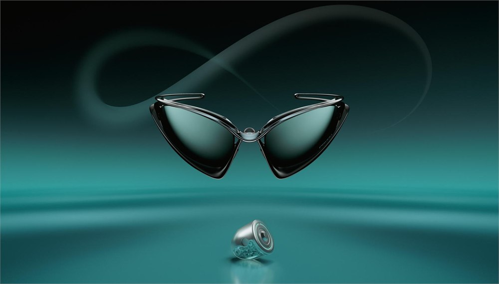 Oakley Infiniloop sunglasses floating over a teal infinity-loop scene