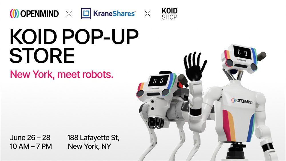 KOID pop-up store poster showing OpenMind robots including the quadruped