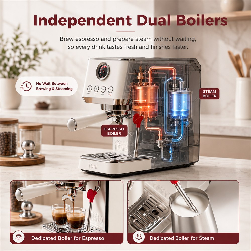 TUNI E2 Gen3 dual boiler espresso machine graphic showing its brewing and steaming system