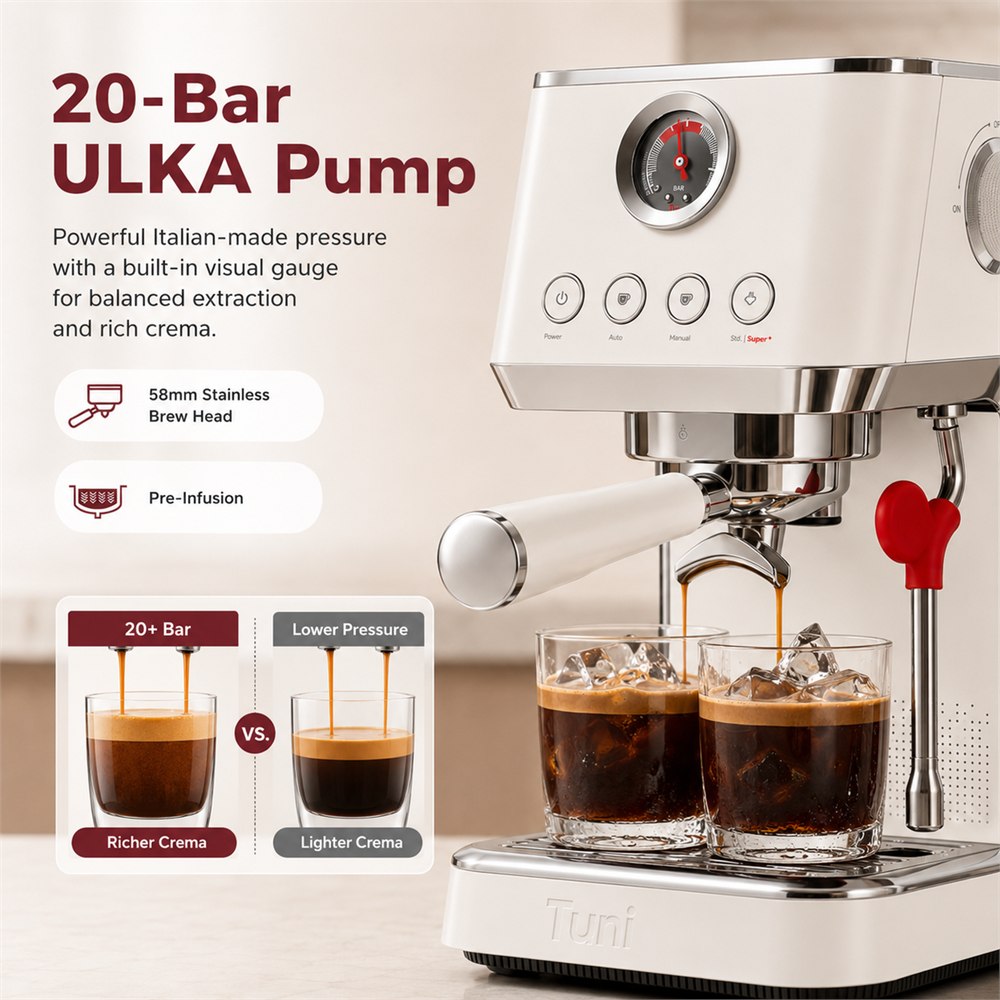 TUNI E2 Gen3 espresso machine shown with cold brew mode and iced coffee