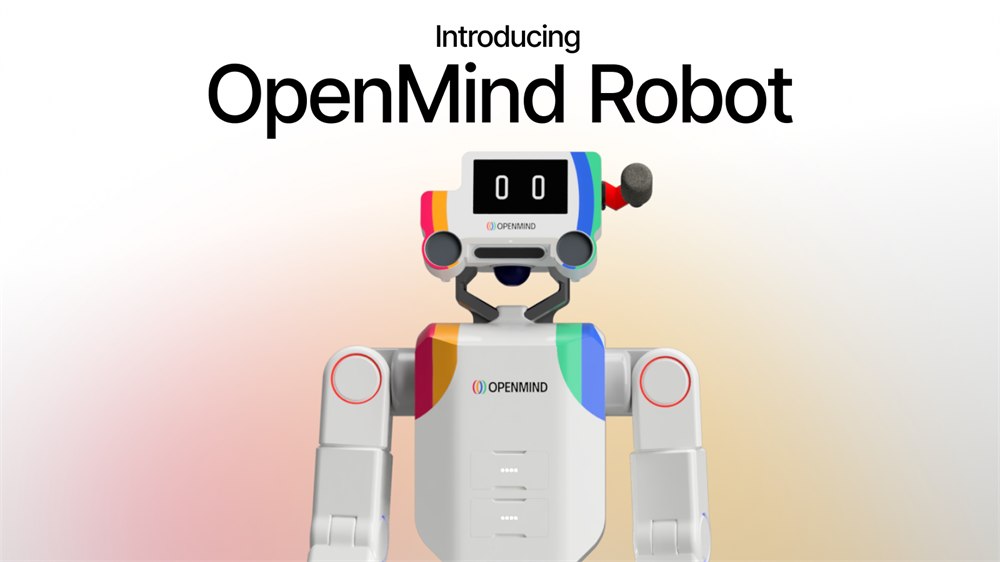 OpenMind humanoid robot styling with the same screen face used across OpenMind robots