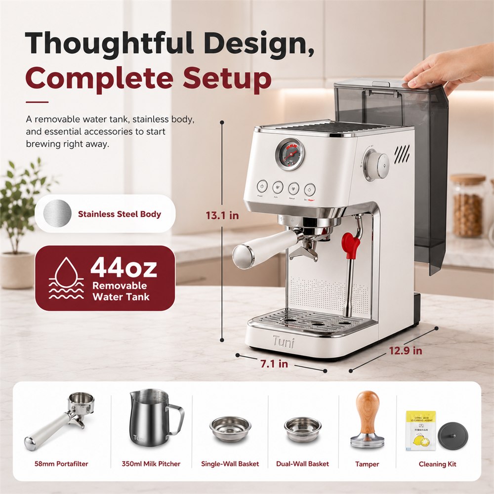 TUNI E2 Gen3 home espresso machine starter setup with included accessories