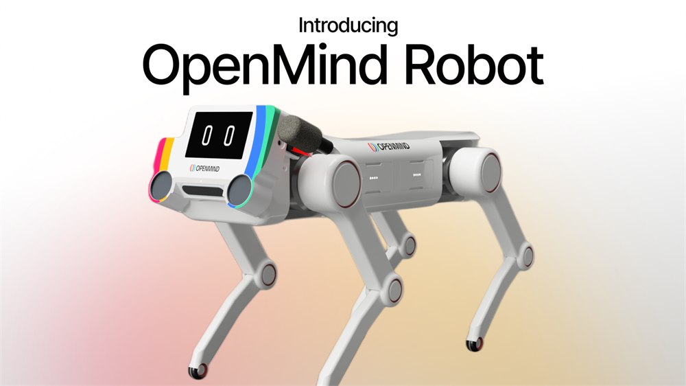 OpenMind Quadruped shown from the side with its screen face and four legs