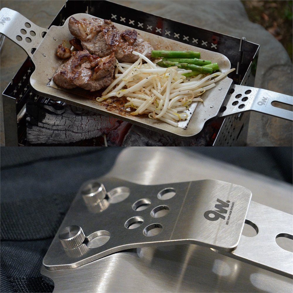Compact modular grill plate cooking steak and vegetables outdoors