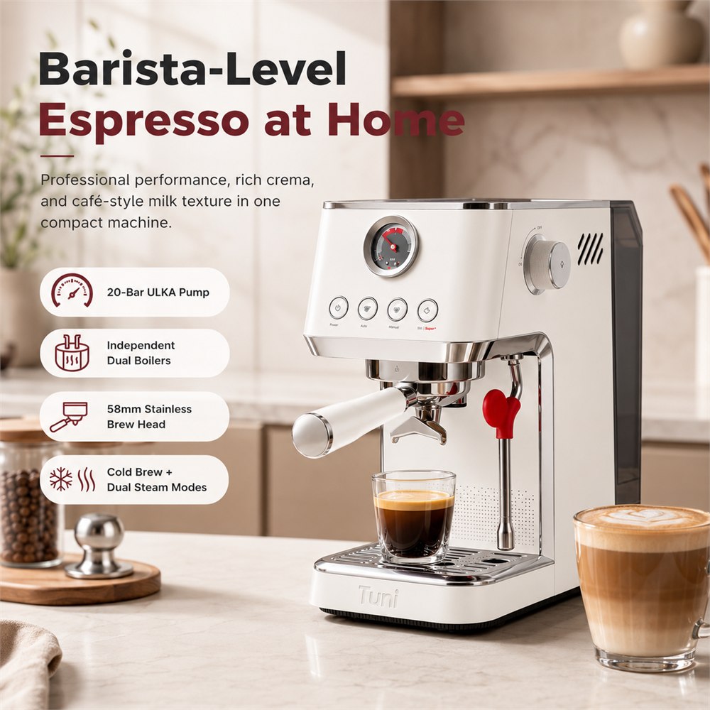 TUNI E2 Gen3 espresso machine making barista-style coffee at home