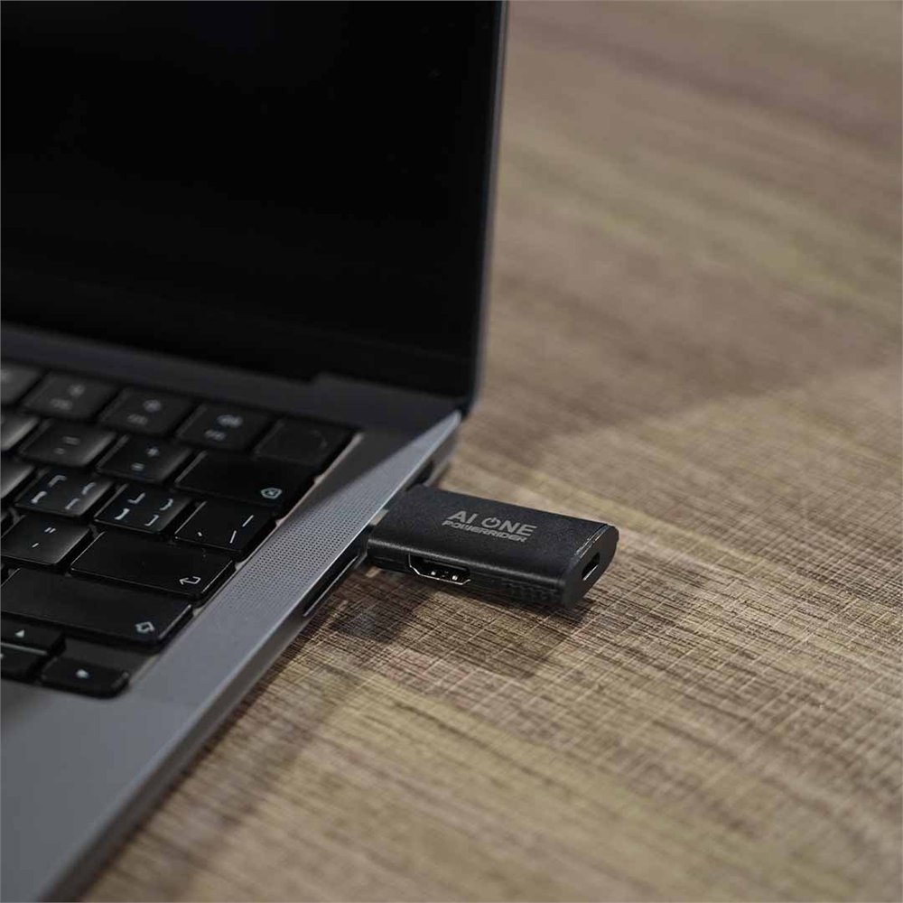 PowerRider P1 USB-C hub receiver plugged into a laptop
