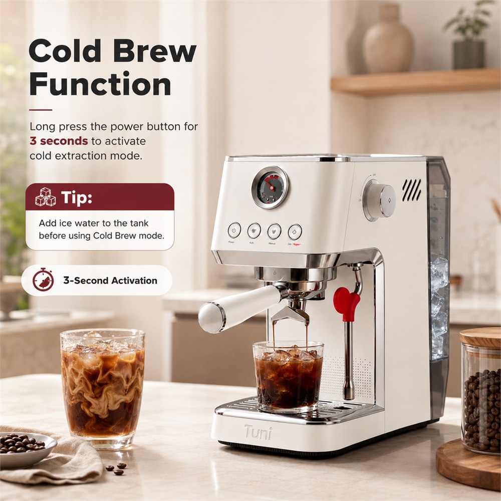 TUNI E2 Gen3 espresso machine showing steam wand and frothing function
