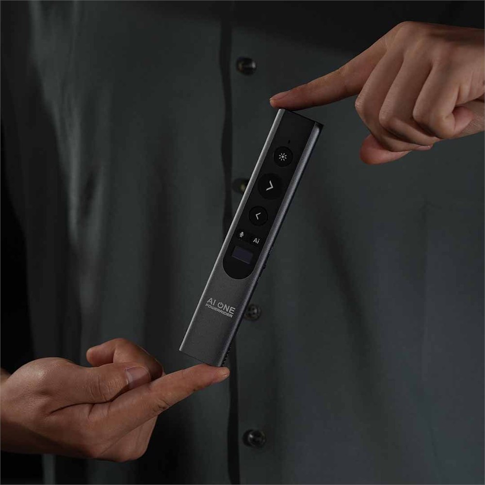 PowerRider P1 handheld presenter remote showing its buttons and slim body