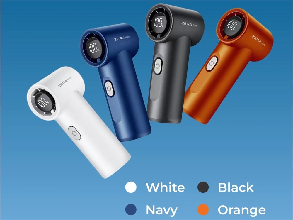 ZERA mini cooling fan shown in white, navy, black, and orange colors