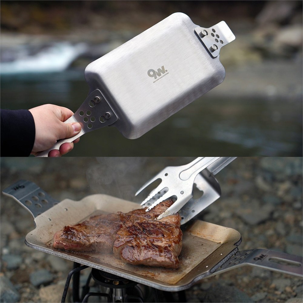 Compact modular grill plate holding steak over an outdoor burner