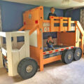 This Garbage Truck Bunk Bed Has a Desk and Bookshelf In The Cabin Of The Truck