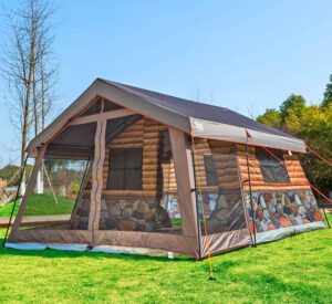 This Log Cabin Tent Has a Giant Screened In Front Porch For a True Luxury Camping Experience
