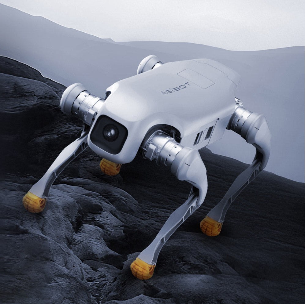 AGIBOT D1 quadruped robot dog on rocky terrain