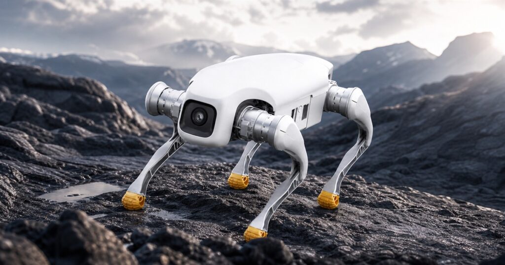 AGIBOT D1 quadruped robot dog on rocky terrain
