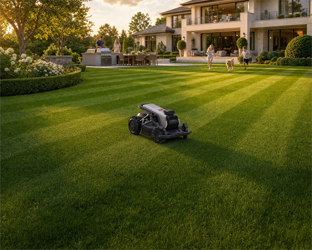 AIRSEEKERS TRON mowing a striped lawn