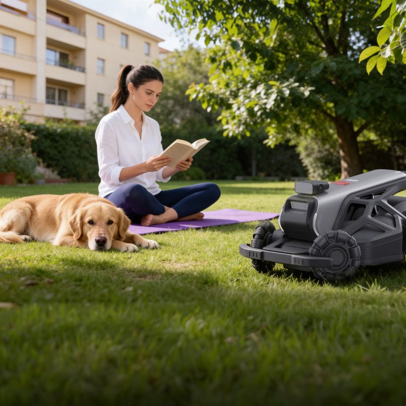 AIRSEEKERS TRON robot mower near a person relaxing on the lawn