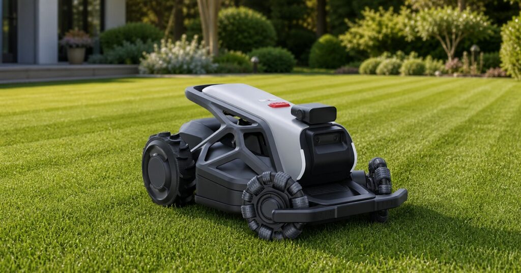 AIRSEEKERS TRON robotic lawn mower on a freshly cut lawn