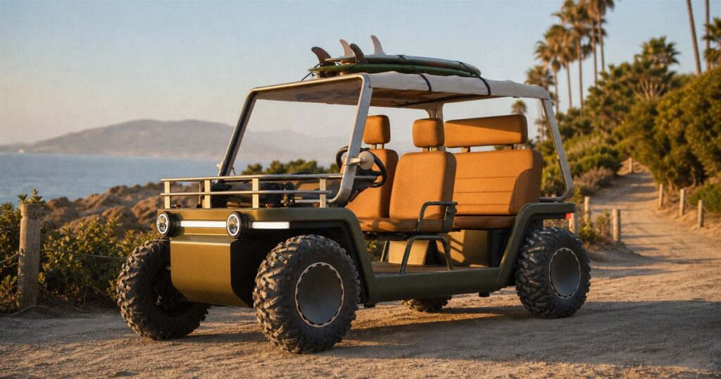 Generated no-text image of the Amble One street-legal electric buggy on a coastal path