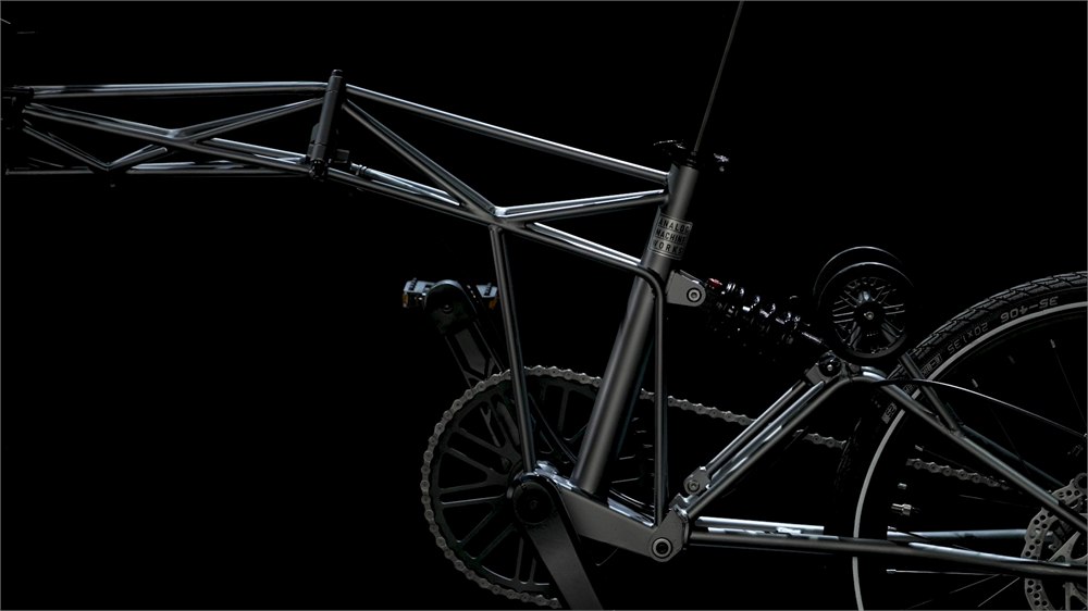 Close view of the Tetra bicycle tubular tetrahedral frame